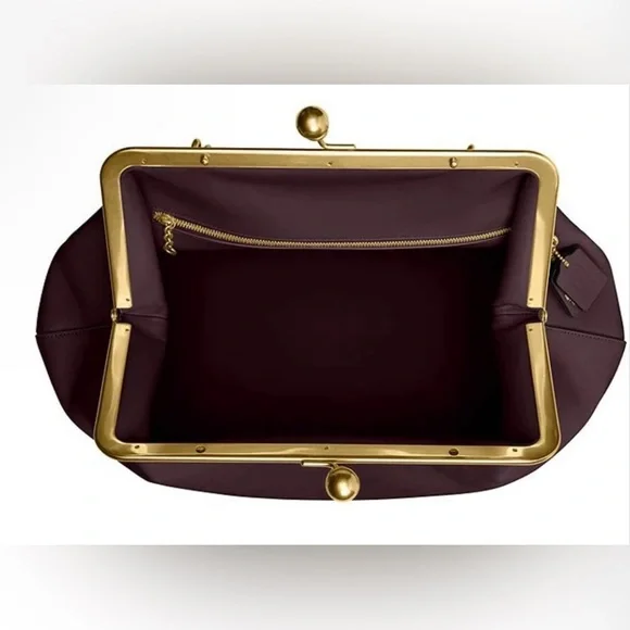 Coach Large Oversized Kisslock Frame Leather Clutch Handbag BLACK CURRANT Purse - Picture 7 of 9